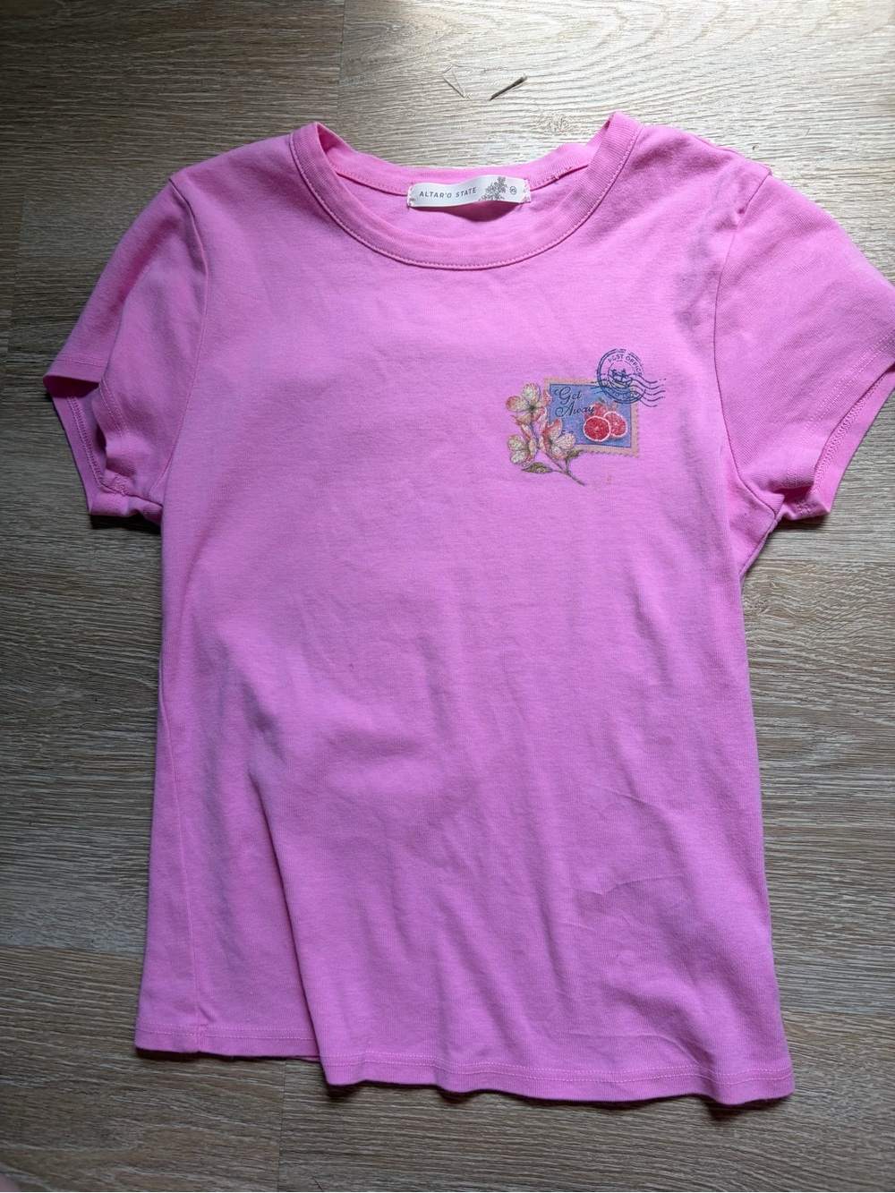 Altar'd State Pink Short Sleeve Tee with Floral Embroidery